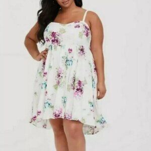 Torrid Floral Challis Hi-Lo Skater Dress Smocked Back Lined Pockets Sz 1X